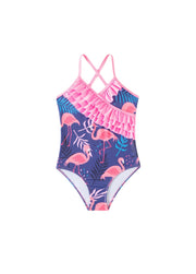 Girls' One-Piece Swimsuit — Ruffled, Flamingo Print Beachwear