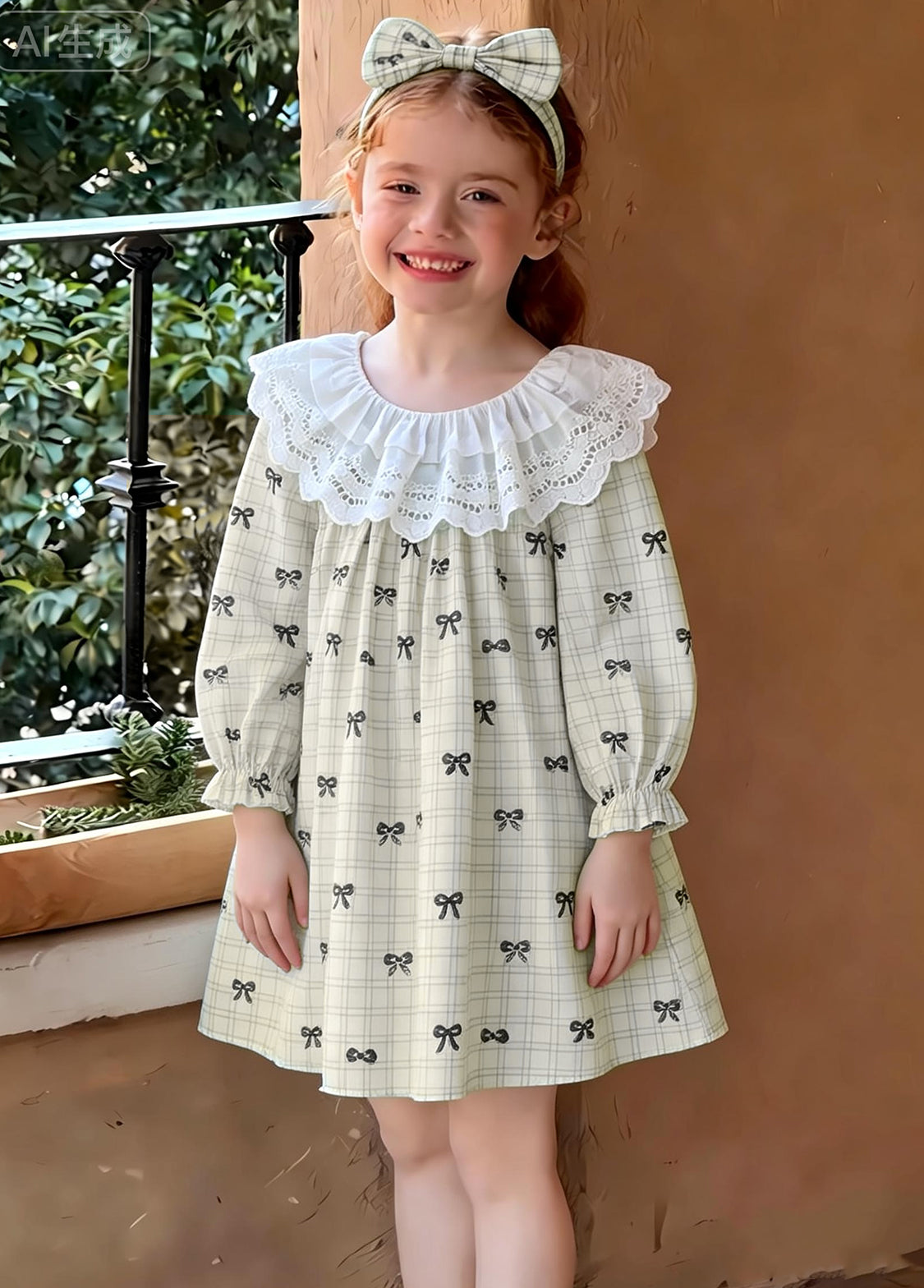 Girls Sweet Bowknot Dollar Collar Dress With Headband