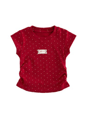 Girls Summer Polka Dot T-Shirt Kids Soft Cotton Short Sleeve Crewneck Top with Cute Patch Detail