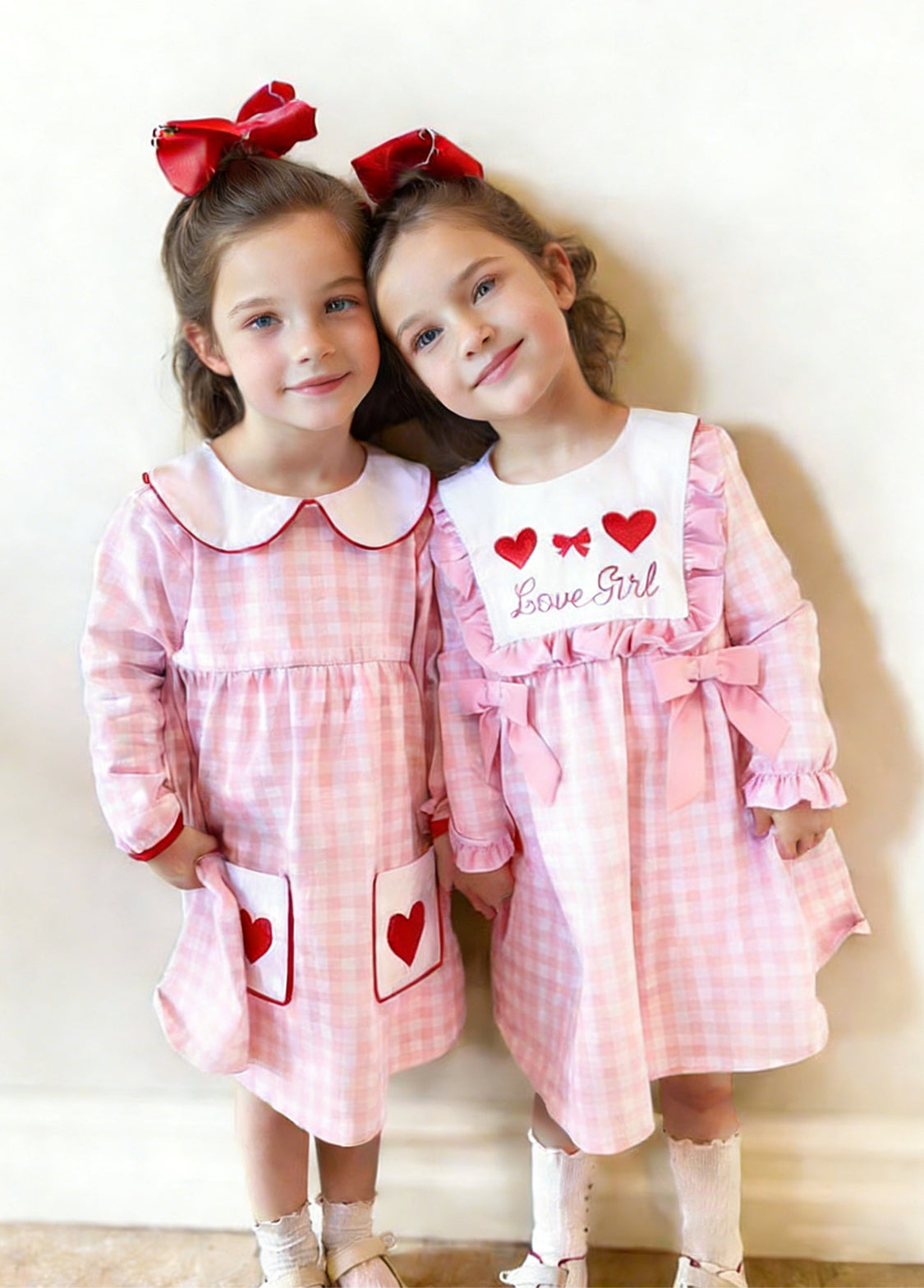 Girls Sweet Pink Plaid Heart-embroidered Ruffle Dress