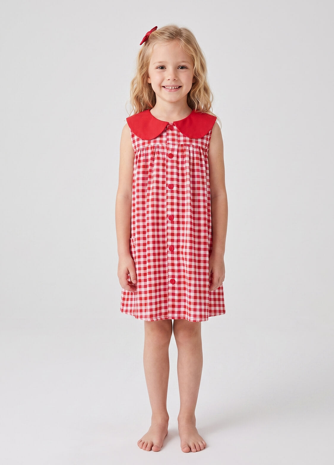 Girls Summer Gingham Plaid Dress Kids Loose Fit Red Checkered A-Line Sundress with Contrast Peter Pan Collar