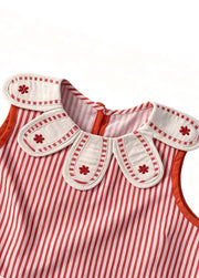 Girls Summer Vertical Striped Sleeveless Dress Toddler Petal Collar A-Line Sundress with Flower Embroidered Pockets