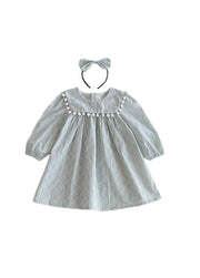 Girls Sweet Floral Pom Poms Dress With Headband