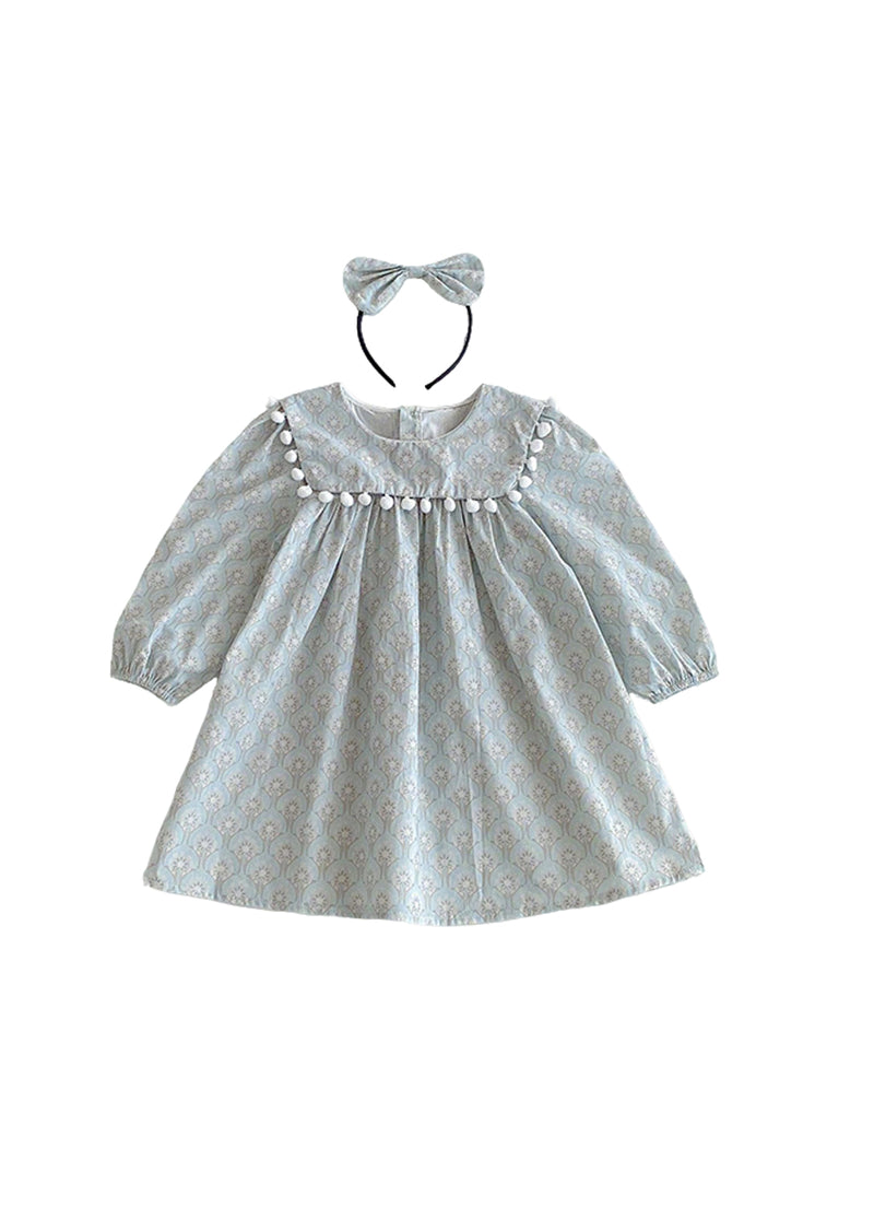 Girls Sweet Floral Pom Poms Dress With Headband