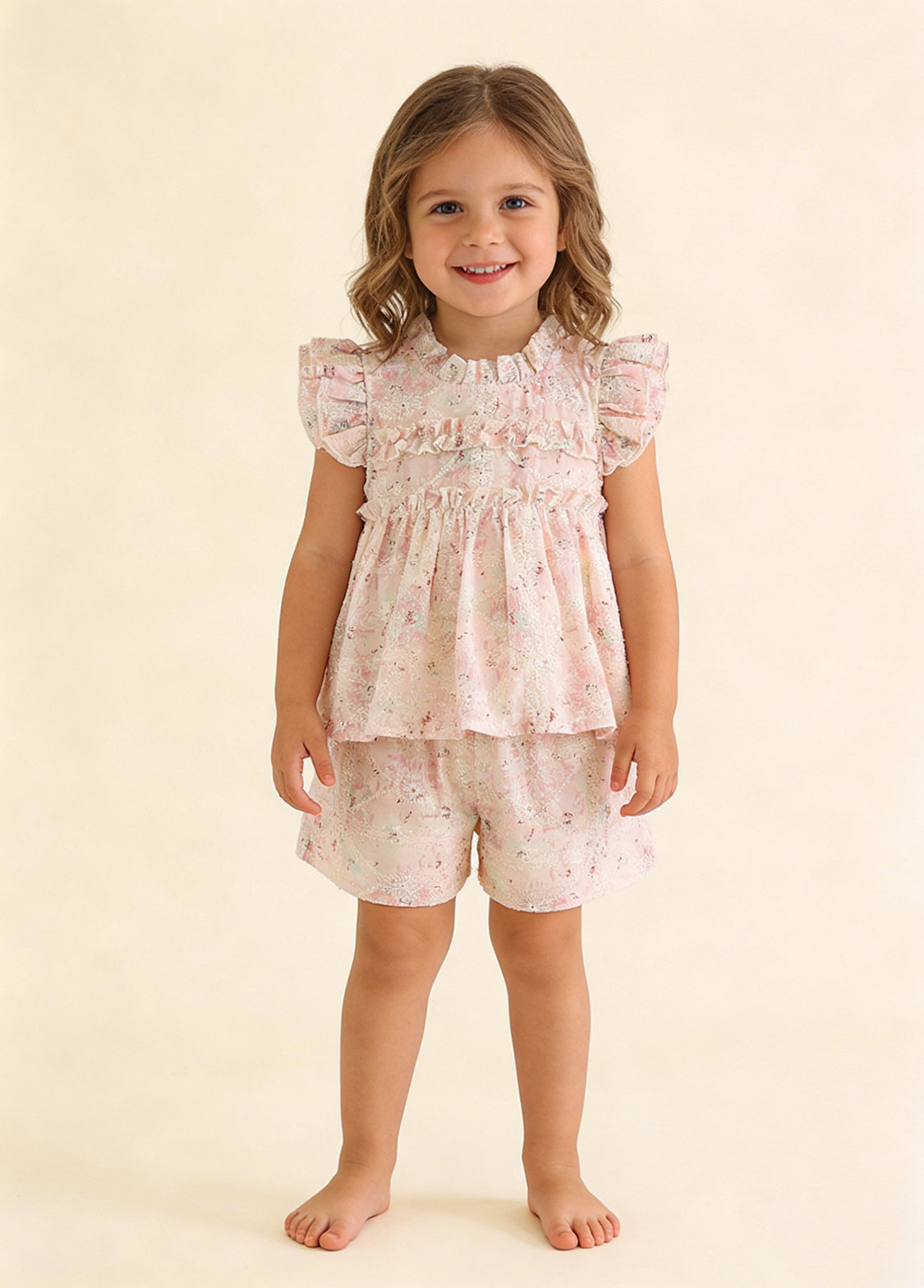 Girls Sweet Floral Embroidered Ruffled Top And Shorts Set
