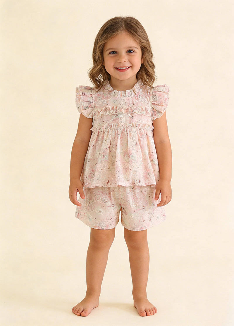 Girls Sweet Floral Embroidered Ruffled Top And Shorts Set
