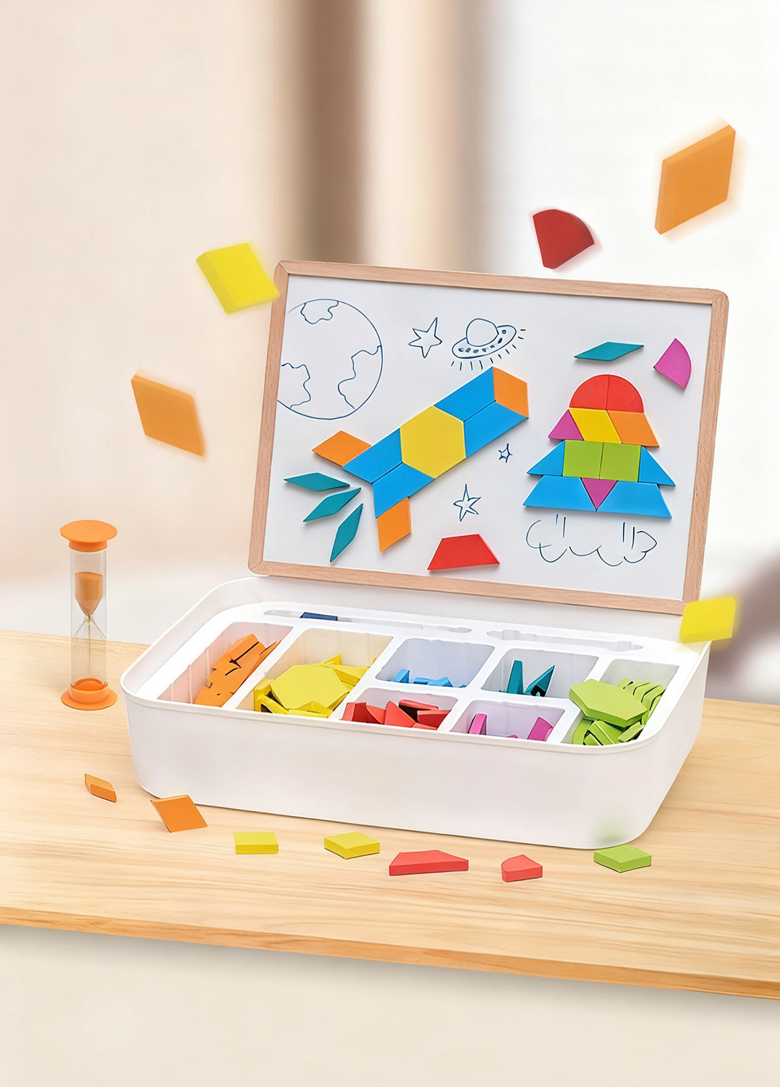 Magnetic Wooden Pattern Blocks Set – Montessori STEM Geometry Learning Toy for Kids 3+