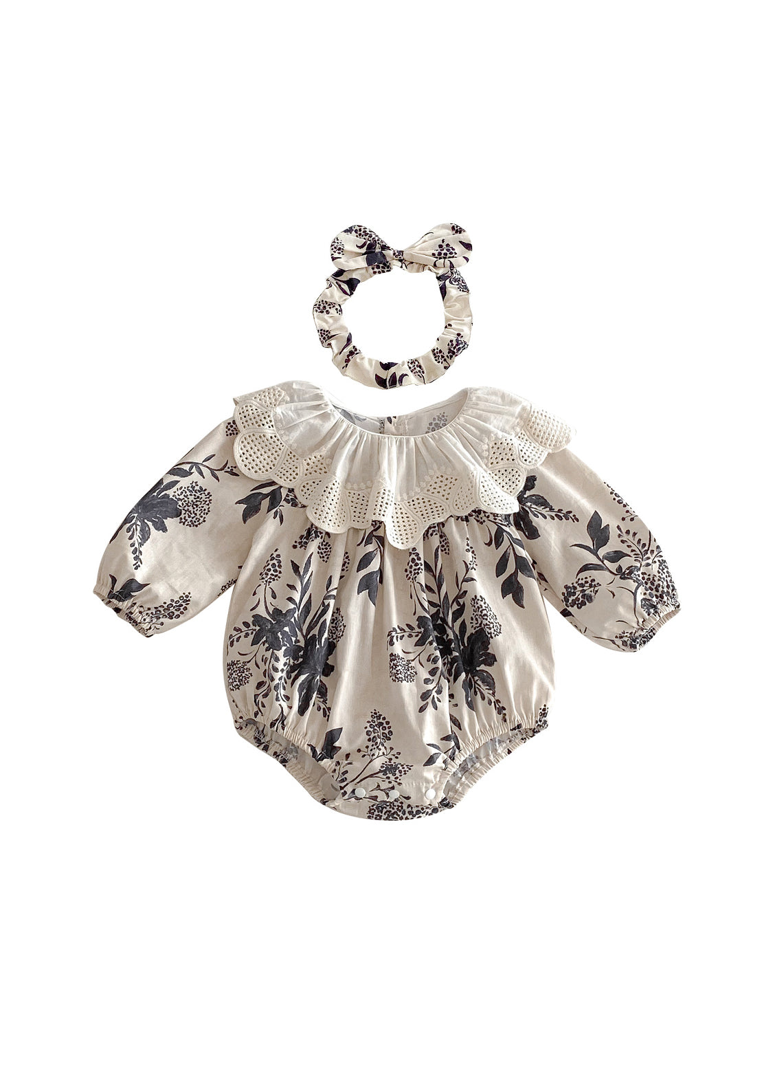 Baby Girls Retro Floral Dollar Collar Romper With Hairband