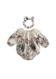 Baby Girls Retro Floral Dollar Collar Romper With Hairband