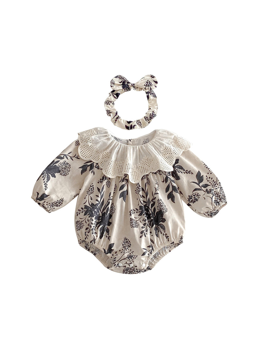 Baby Girls Retro Floral Dollar Collar Romper With Hairband