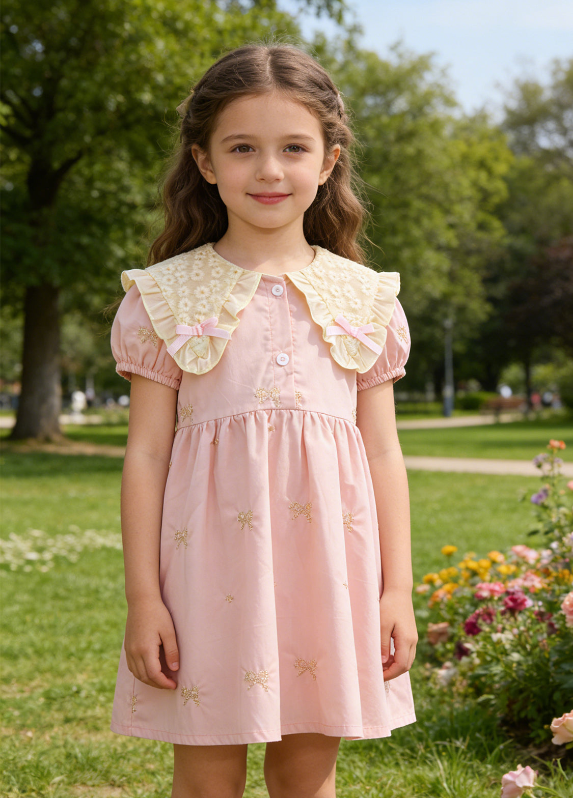 Girls Cotton Embroidered Butterfly Collar Dress