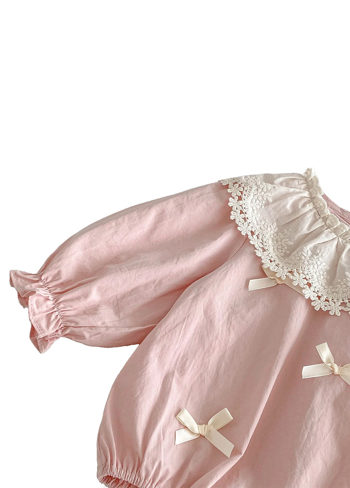Baby Girl Cute Bow Tie Lace Trim Puff Sleeve Romper