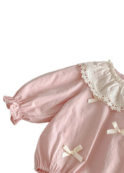 Baby Girl Cute Bow Tie Lace Trim Puff Sleeve Romper
