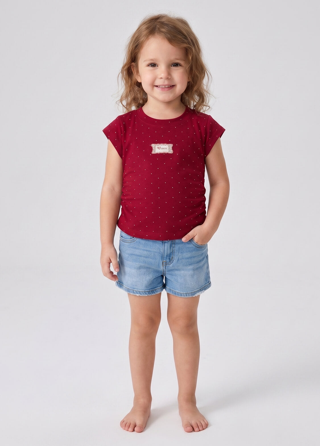 Girls Summer Polka Dot T-Shirt Kids Soft Cotton Short Sleeve Crewneck Top with Cute Patch Detail