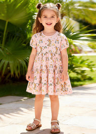 Girls Cute Rainbow Cartoon Print Puff Sleeve Dress