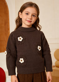 Children Girl 3D Embroidery Flower Sweater-Brown