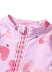 Girls' Swimsuit: Toddler & Kids' One-Piece Swimwear with Red & Pink Heart Print — Long Sleeve, Sun-Protective, and Quick-Drying