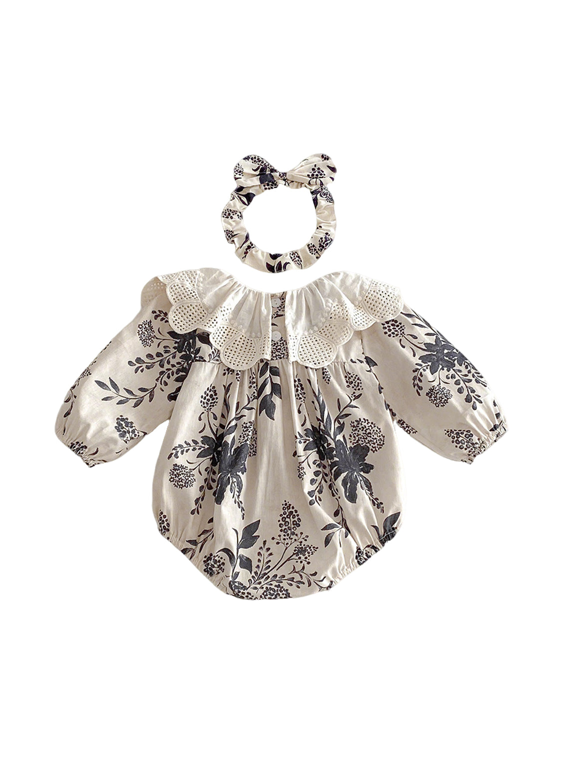 Baby Girls Retro Floral Dollar Collar Romper With Hairband