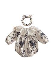 Baby Girls Retro Floral Dollar Collar Romper With Hairband
