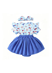 Baby Girls 4th of July Patriotic Skirted Romper Infant USA Letter Sequin Patch Dress Bodysuit with Headband Set