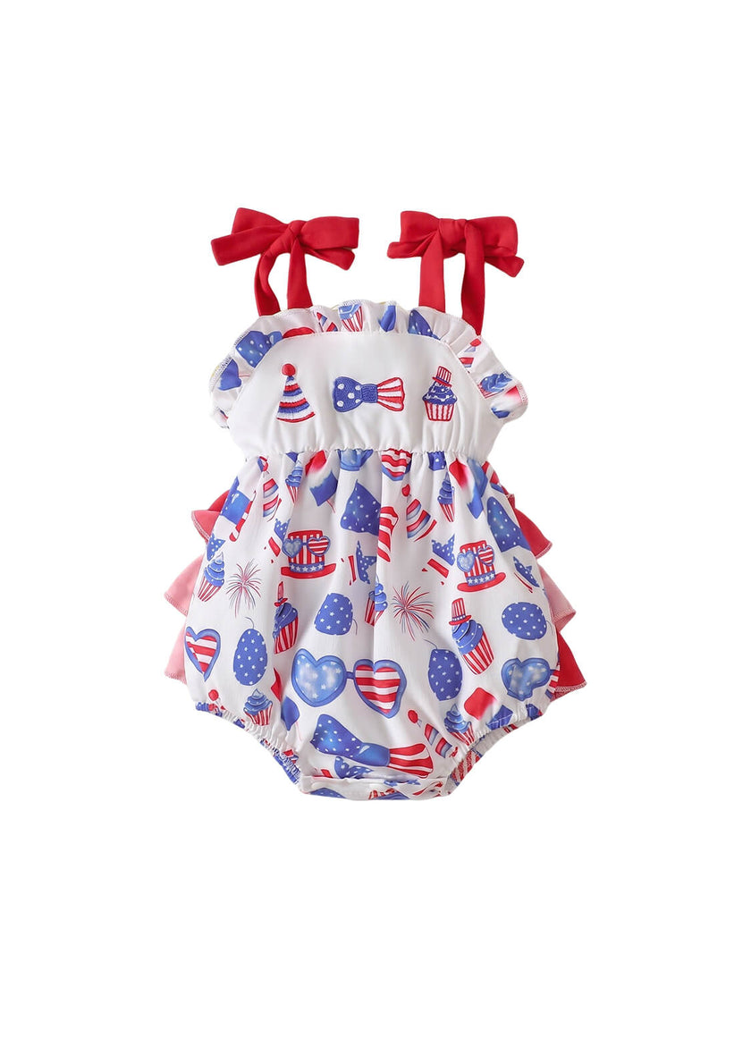 Baby Girls 4th of July Patriotic Romper Infant Independence Day Fireworks & Uncle Sam Hat Print Cami Sunsuit with Ruffle Butt