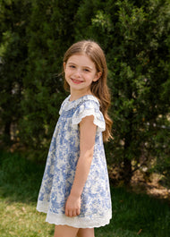 Girls Sweet Blue Floral Lace Ruffles Dollar Collar Dress