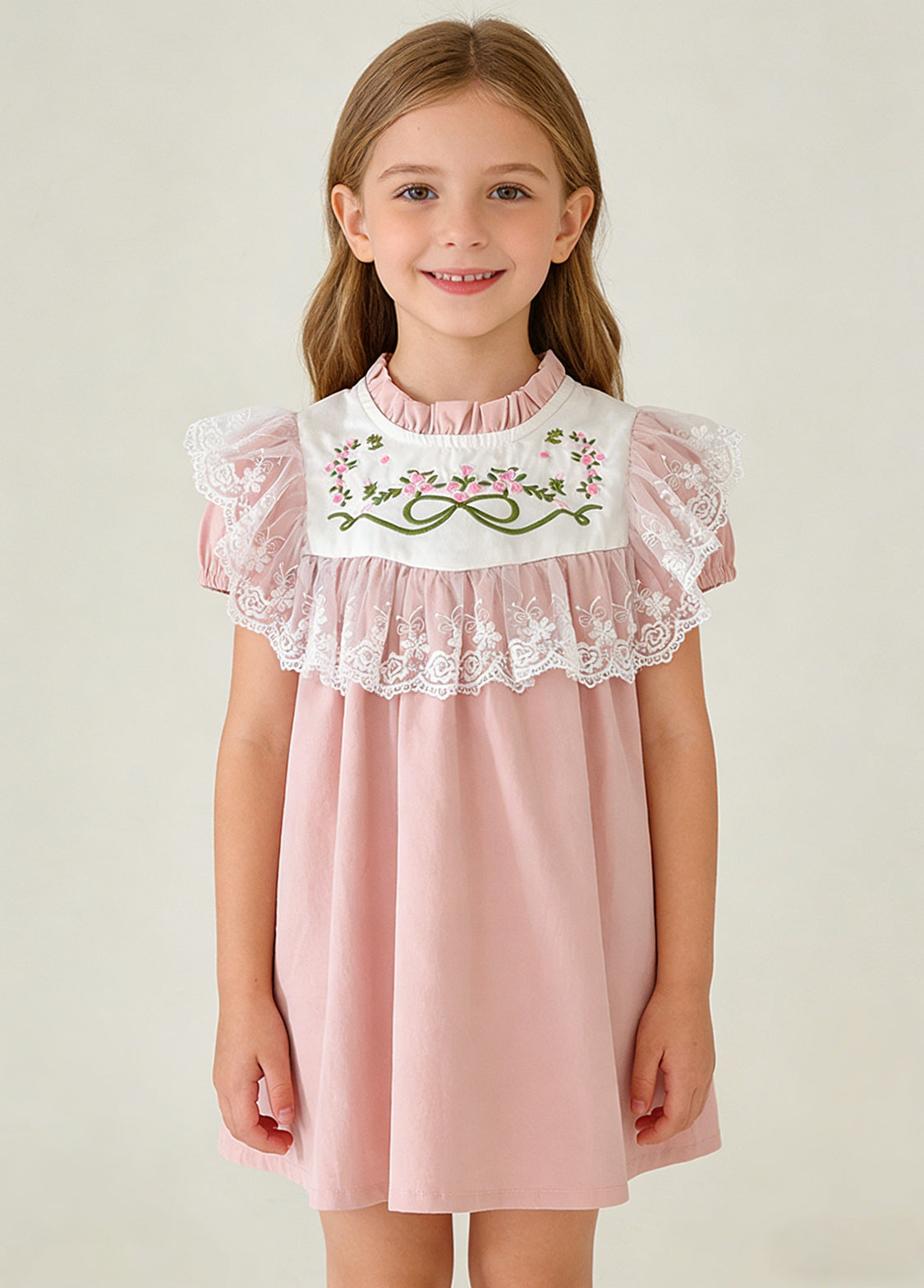 Girls Sweet Retro Floral Embroidered Lace Dress