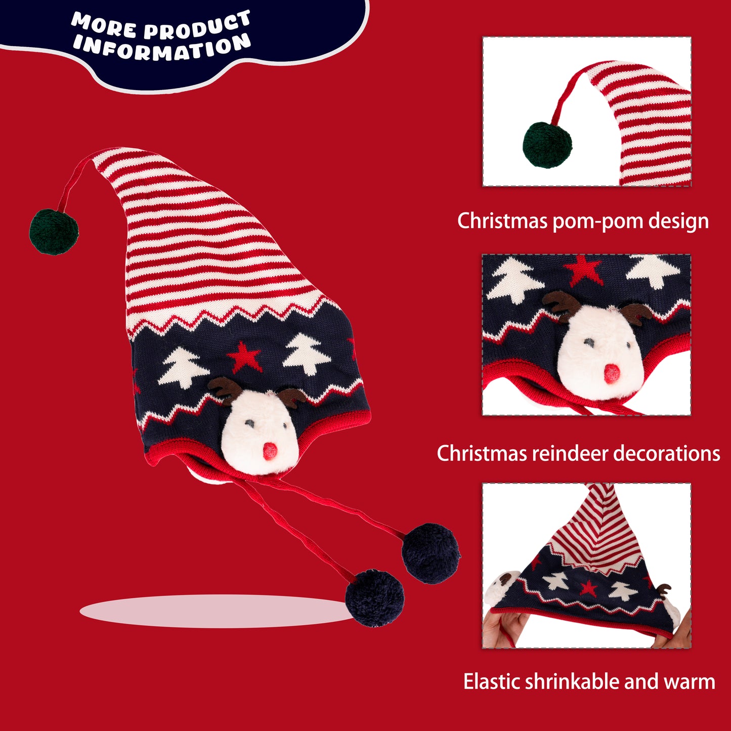 Kids Pom Pom Deer Christmas Beanie Hat