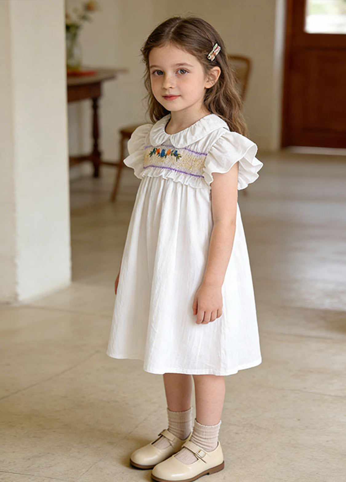 Girls Sweet Floral Embroidered Ruffled Dress