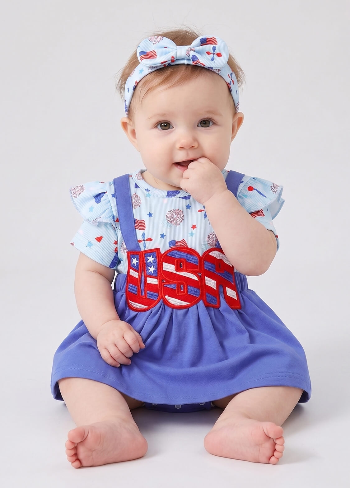 Baby Girls 4th of July Patriotic Skirted Romper Infant USA Letter Sequin Patch Dress Bodysuit with Headband Set