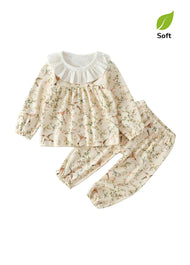 Girl Cute Soft Cotton Floral Animal Print Ruffles Long-sleeved Homewear Set