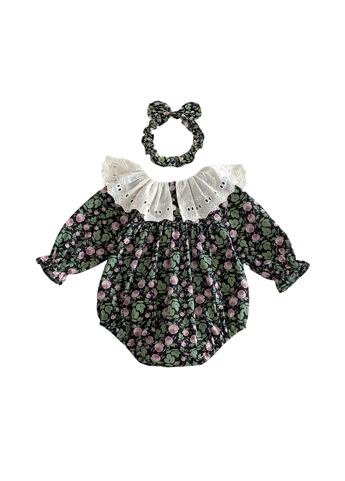 Baby Girls Retro Floral Dollar Collar Romper With Hairband