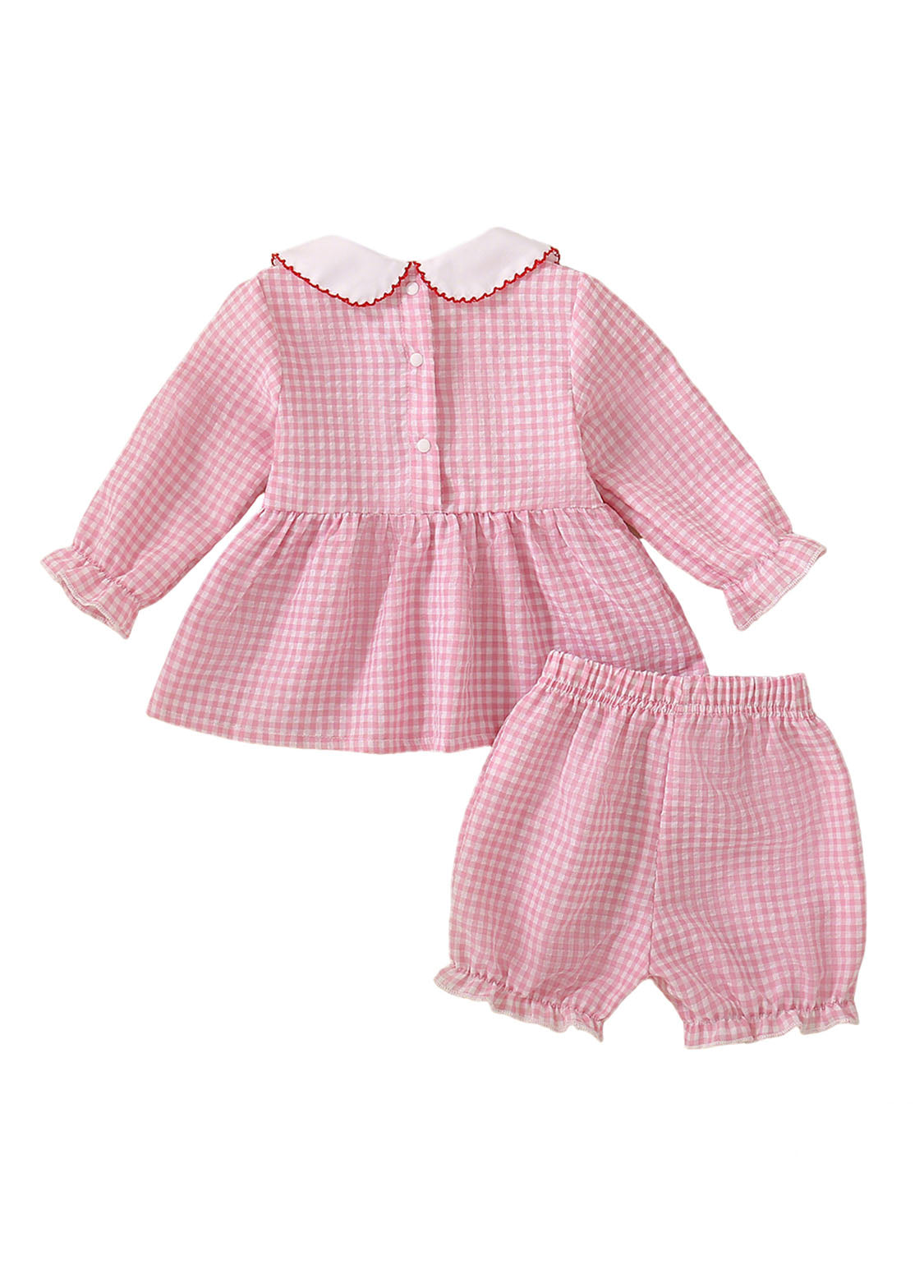 Baby Girl Pink Plaid Embroidered Long-sleeved Top And Lantern Pants Set