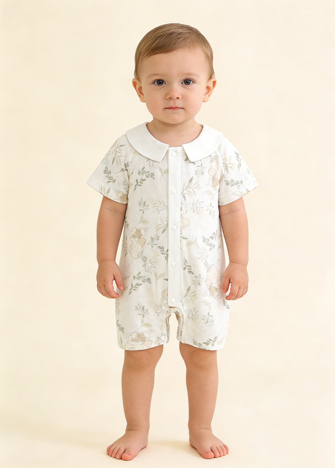 Baby Girl's Summer Short-Sleeve Romper — Lightweight Bamboo Fiber with Purple Butterfly & Forest Elephant Prints