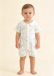 Baby Girl's Summer Short-Sleeve Romper — Lightweight Bamboo Fiber with Purple Butterfly & Forest Elephant Prints