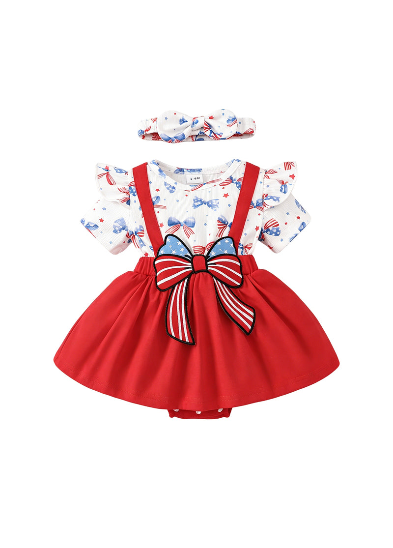 Baby Girls 4th of July Patriotic Skirted Romper Infant USA Letter Sequin Patch Dress Bodysuit with Headband Set