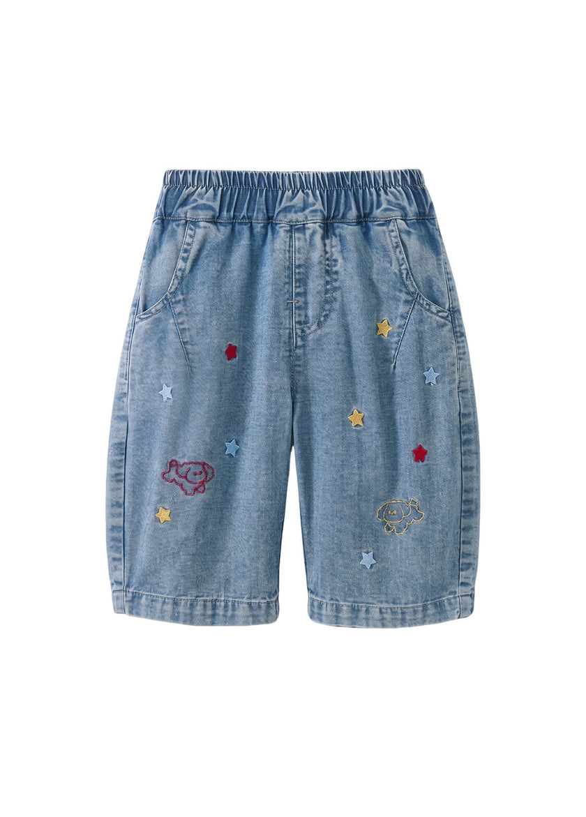Girls Summer Denim Shorts Kids Loose Fit Colorful Star and Cute Dog Printed Casual Jean Shorts