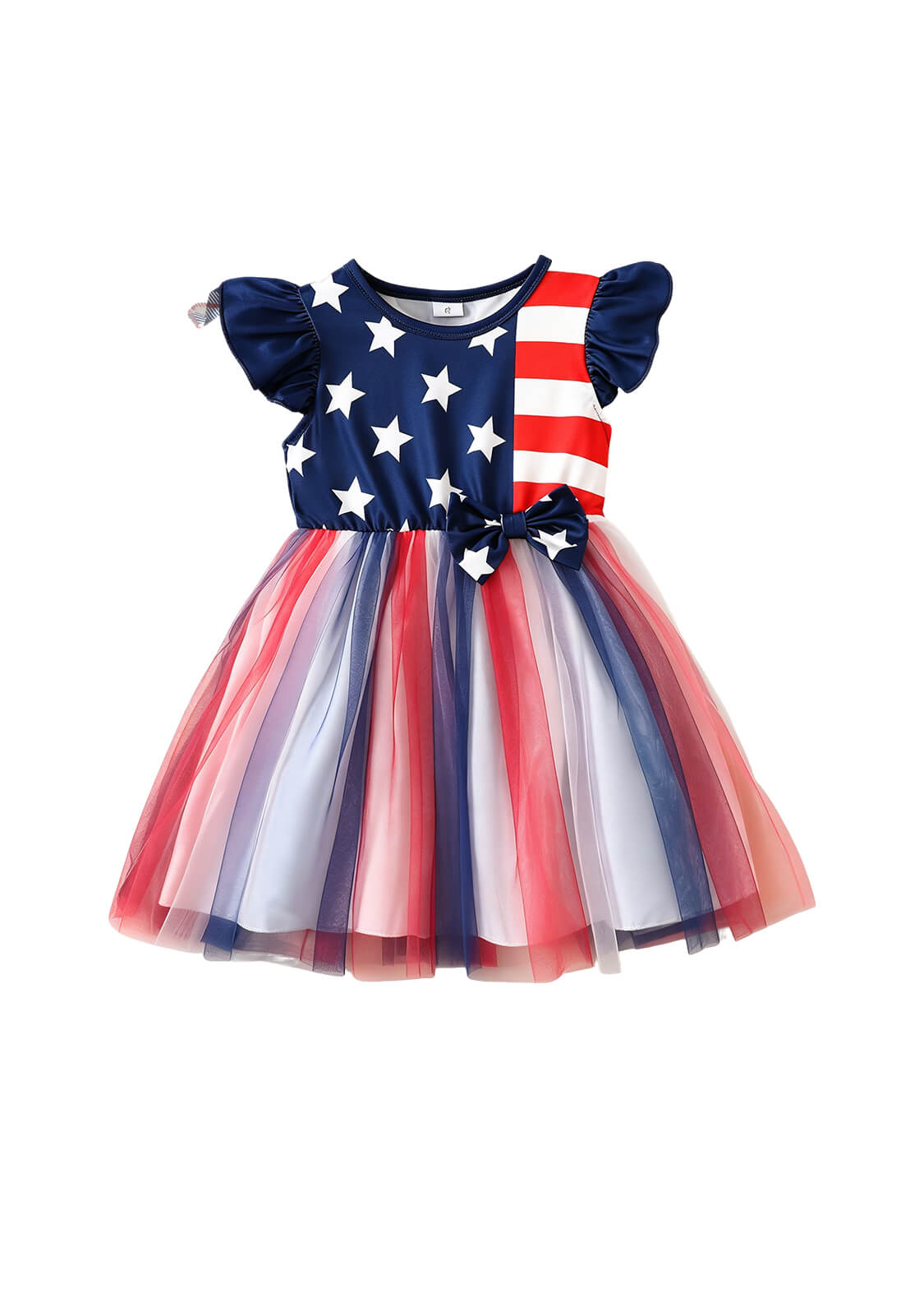 Toddler Girls 4th of July Patriotic Tutu Dress Kids Independence Day Star & Stripes Flutter Sleeve Mesh Princess Dress