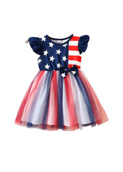 Toddler Girls 4th of July Patriotic Tutu Dress Kids Independence Day Star & Stripes Flutter Sleeve Mesh Princess Dress