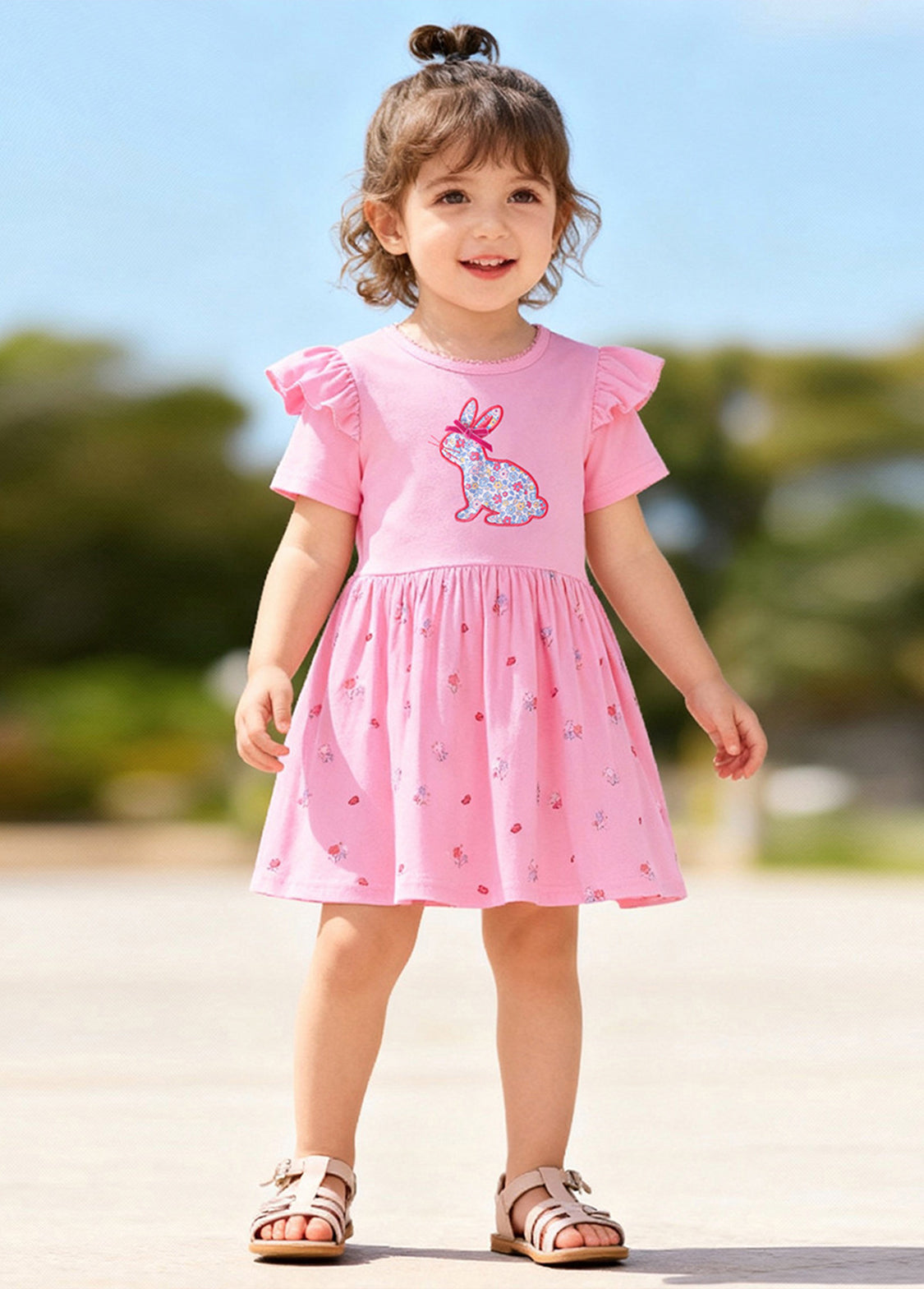 Girls Cotton Bunny Floral Short Sleeve Dress