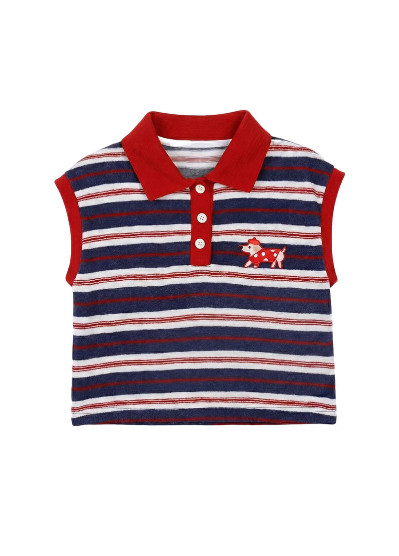 Kids Summer Striped Sleeveless Polo Shirt Toddler Girls Retro Knit Cotton Vest Top with Cartoon Dog Embroidery