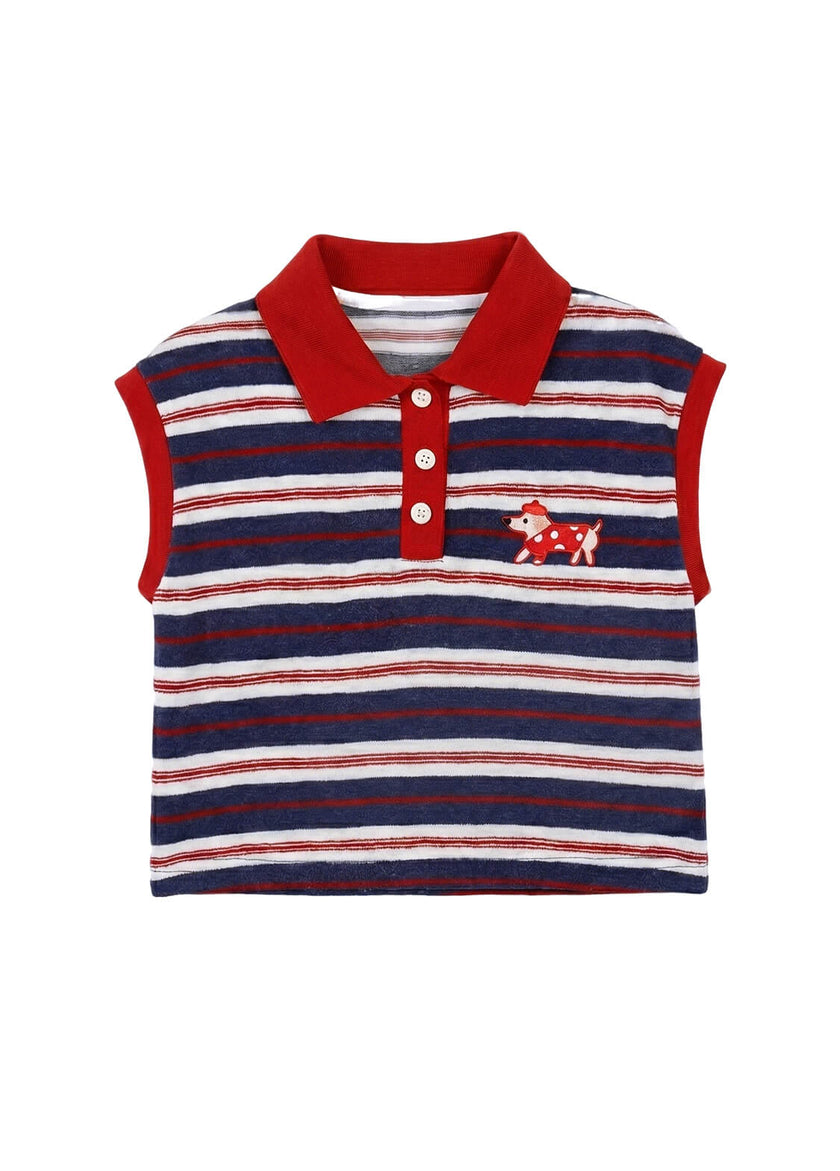 Kids Summer Striped Sleeveless Polo Shirt Toddler Girls Retro Knit Cotton Vest Top with Cartoon Dog Embroidery