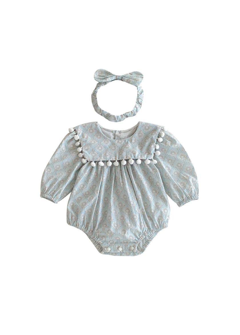 Baby Girls Sweet Floral Pom Poms Romper With Hairband
