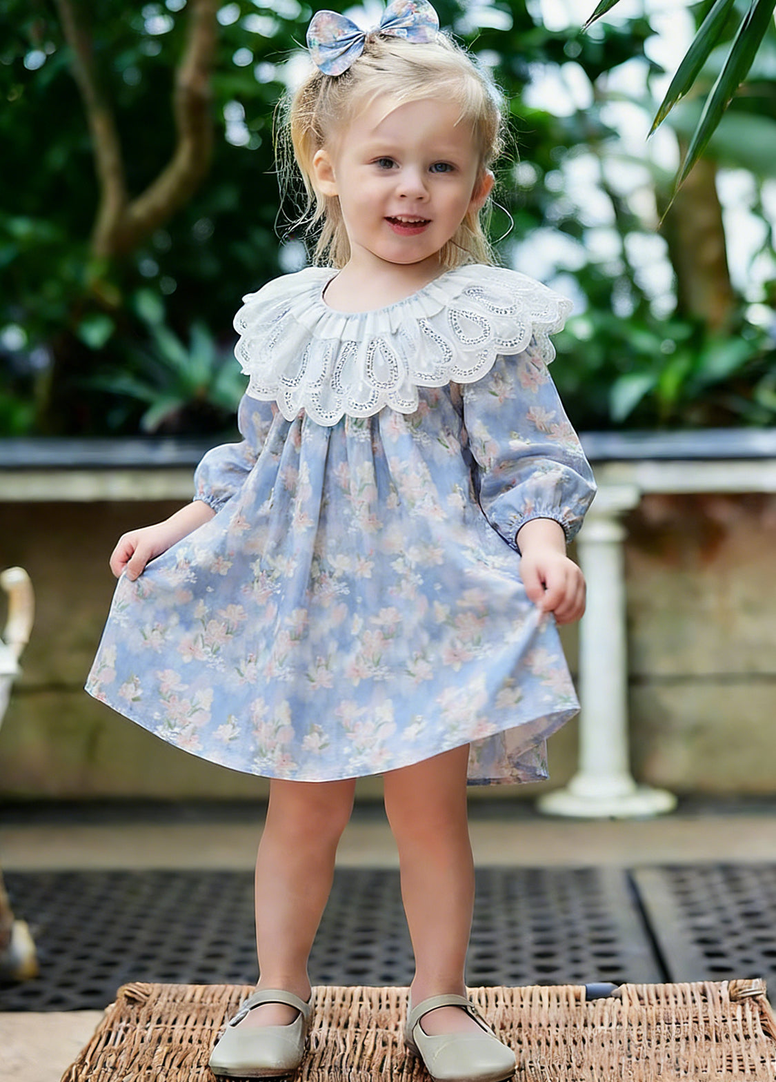 Girls Sweet Floral Dollar Collar Dress With Headband