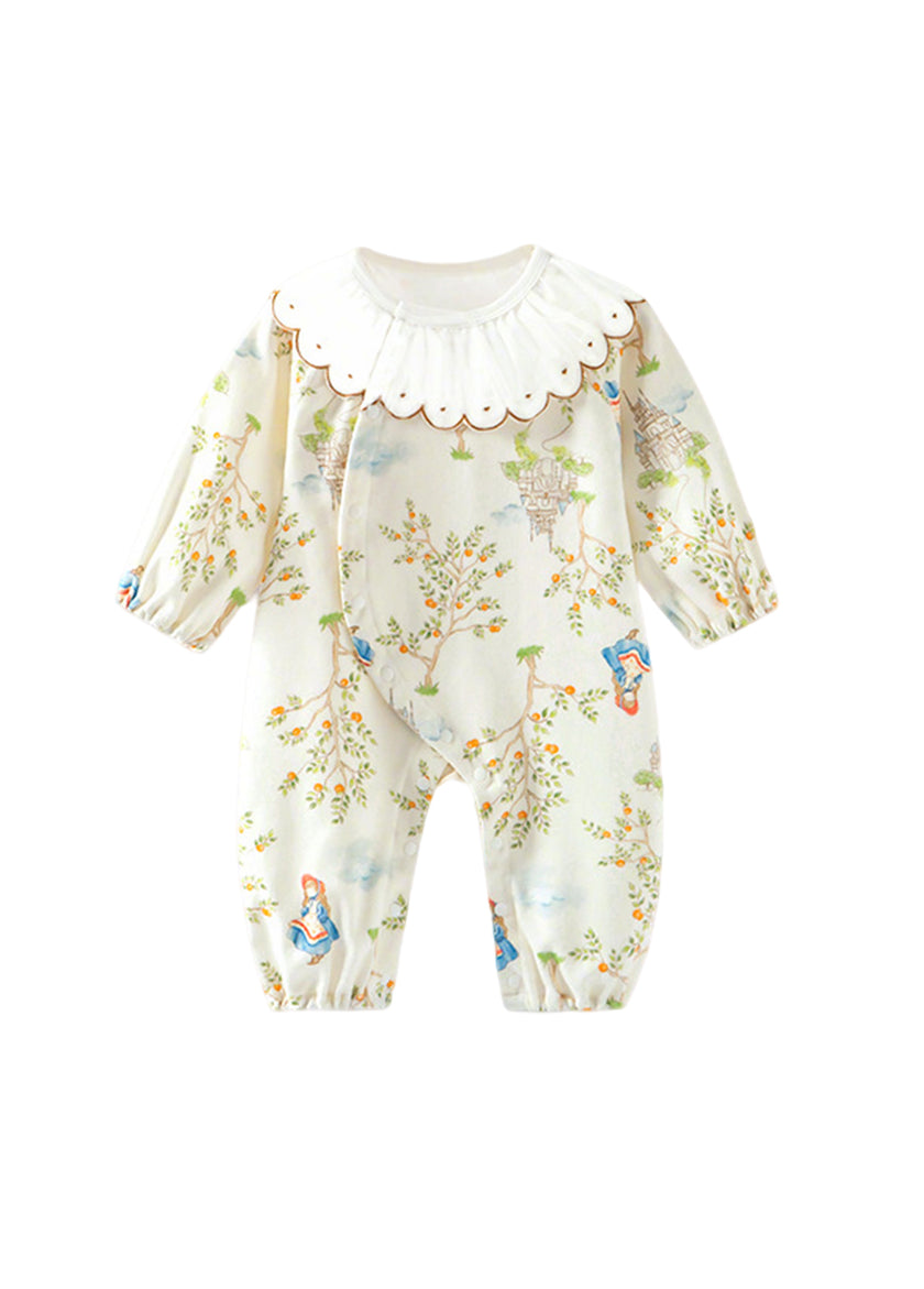 Baby Girls Cute Bamboo Fiber Floral Cartoon Print Dollar Collar Romper
