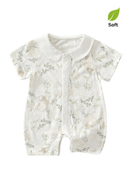 Baby Girl's Summer Short-Sleeve Romper — Lightweight Bamboo Fiber with Purple Butterfly & Forest Elephant Prints