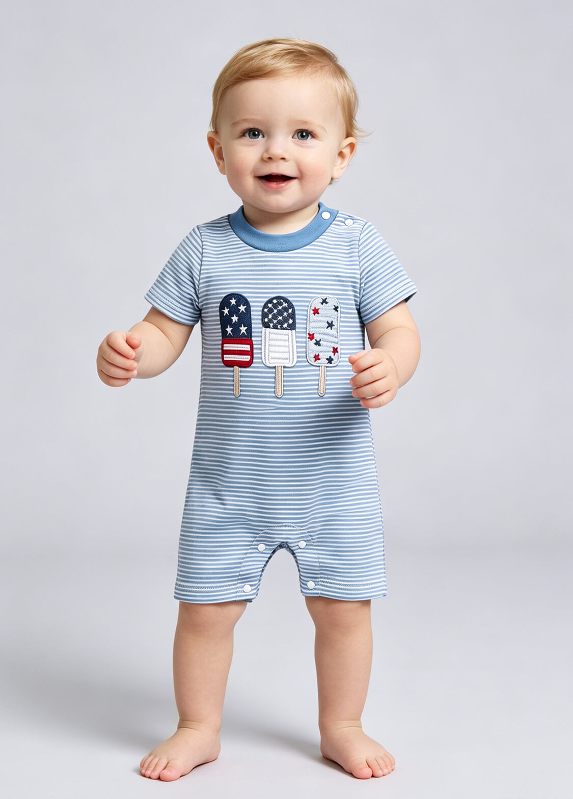 Baby Girls 4th of July Patriotic Romper Infant Independence Day Popsicle Embroidered Striped Short Sleeve Bodysuit