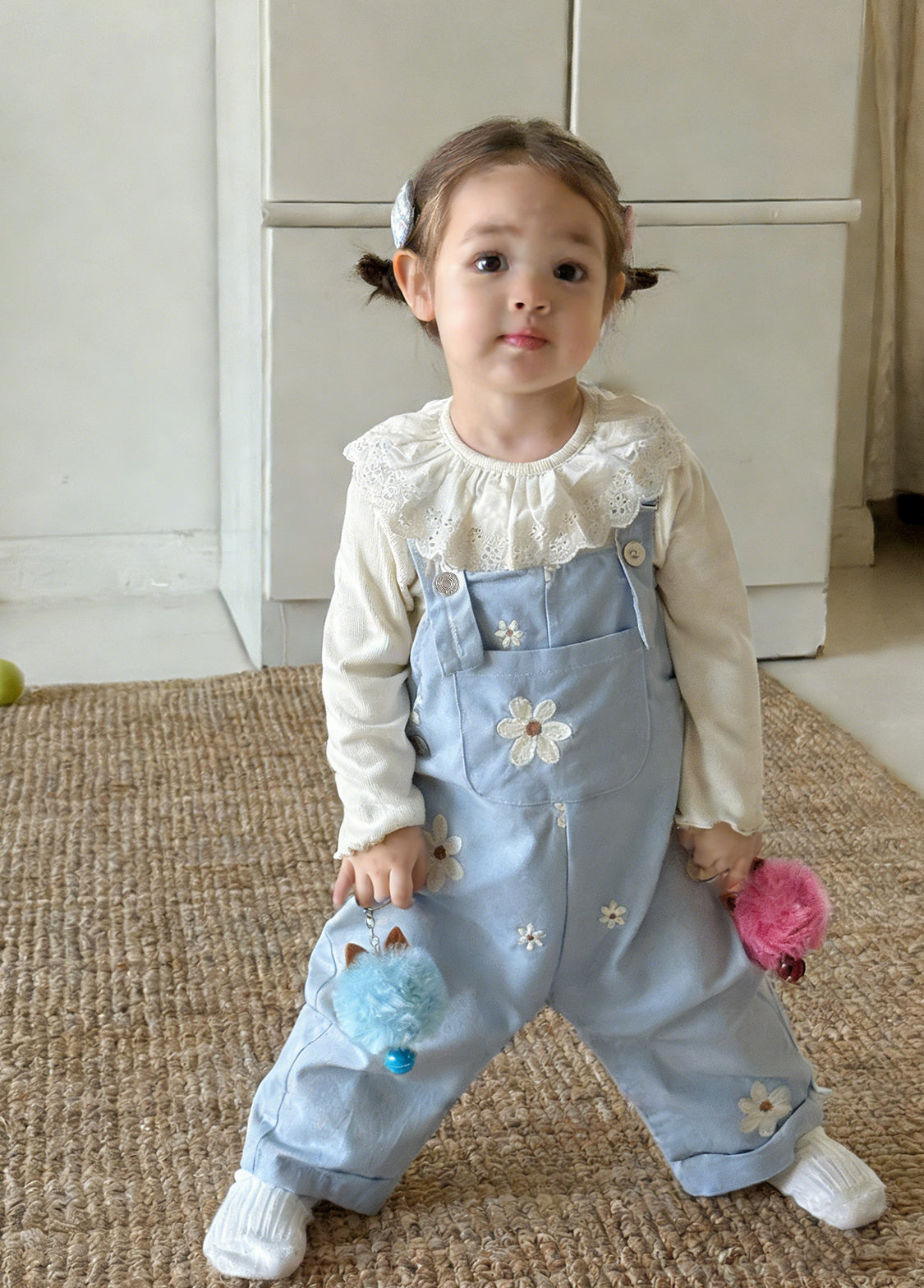 Baby Girl Casual Floral Embroidered Overalls