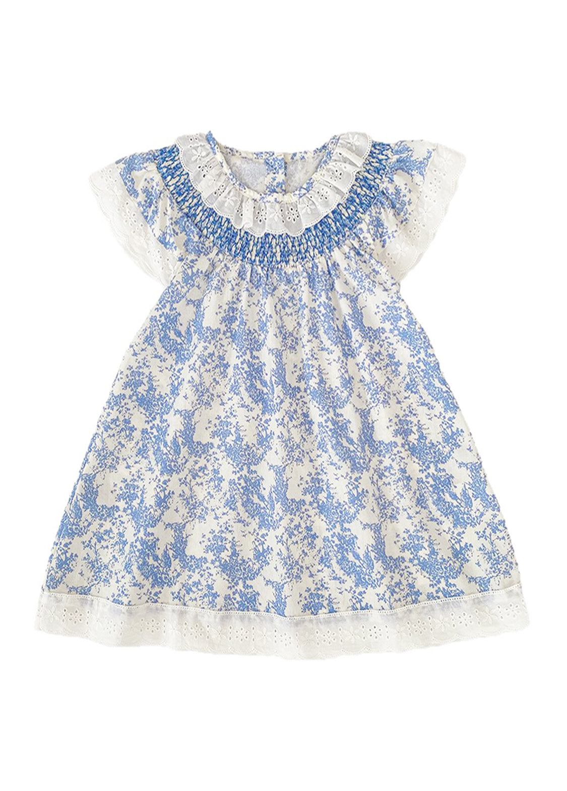 Girls Sweet Blue Floral Lace Ruffles Dollar Collar Dress