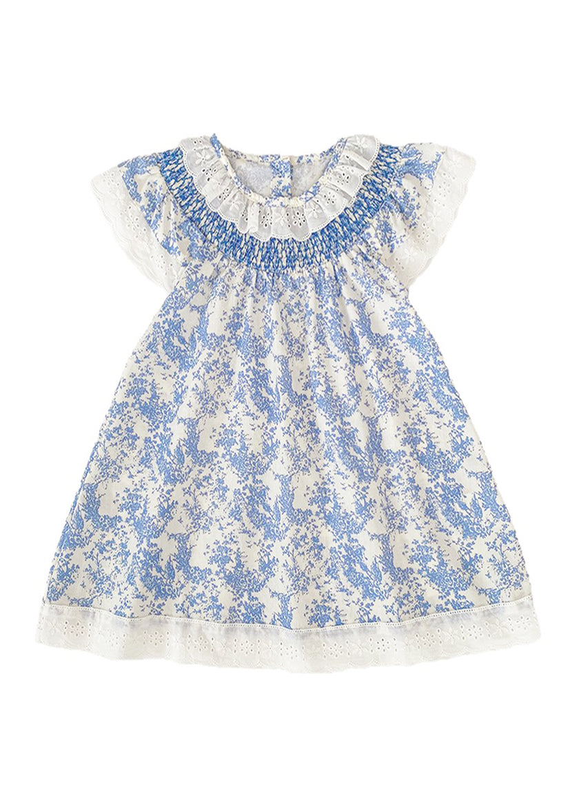 Girls Sweet Blue Floral Lace Ruffles Dollar Collar Dress